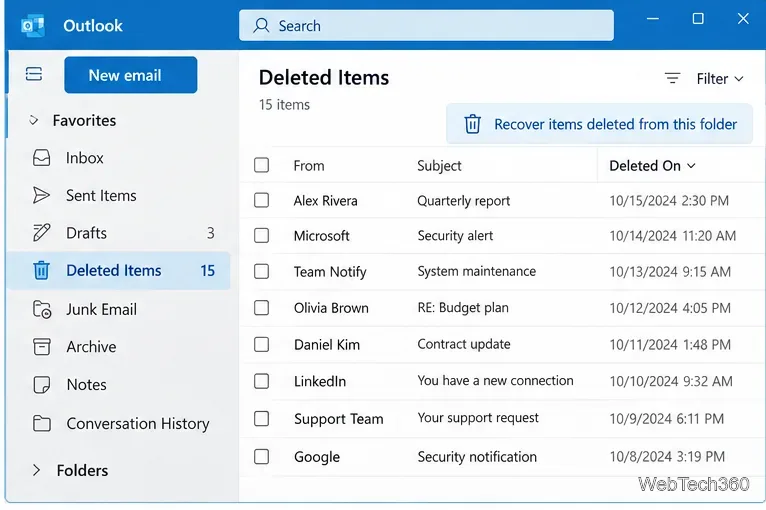 В папке «Удаленные элементы» Outlook отображается команда «Восстановить удаленные элементы».