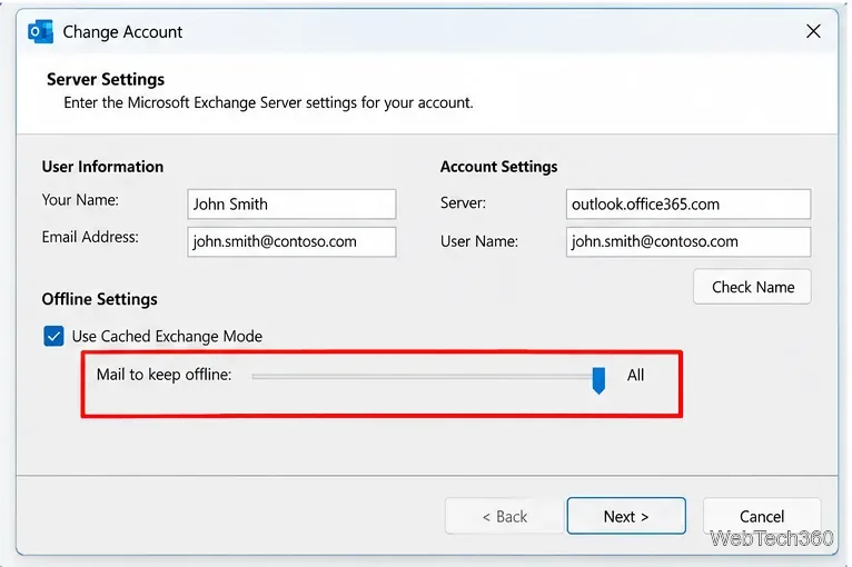 В классическом окне Outlook «Изменение учетной записи» отображается режим кэшированного Exchange и ползунок «Почта для автономного доступа».