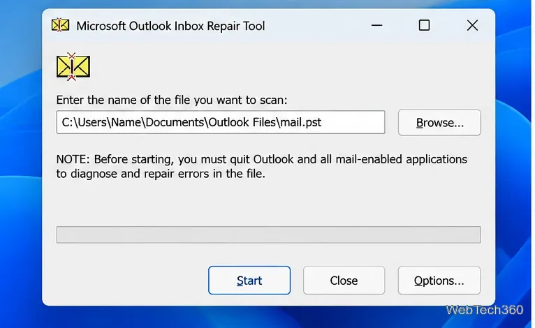 Инструмент восстановления папки «Входящие» в Microsoft Outlook показывает, что для сканирования выбран PST-файл.