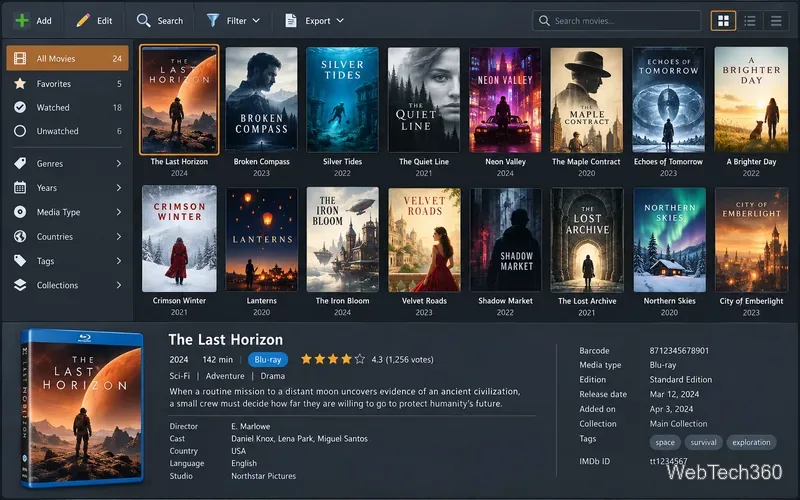 EMDB映画データベースソフトウェア：DVD、ブルーレイ、テレビシリーズを整理