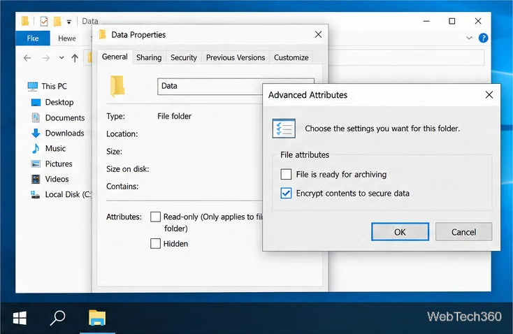 Folder Properties and the Advanced Attributes dialog with Encrypt contents to secure data checked.