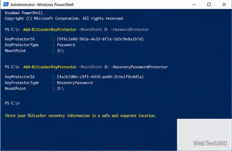 PowerShell commands add a password protector and a recovery password protector to the D: data volume.