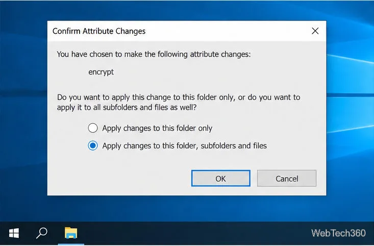 The Confirm Attribute Changes dialog applies encryption to a folder, its subfolders, and its files.