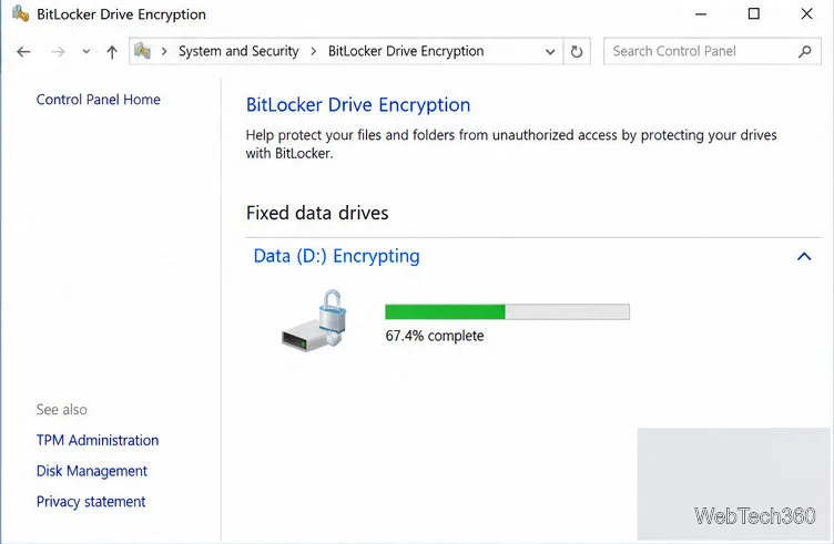 The BitLocker Drive Encryption panel shows the D: data volume encrypting.