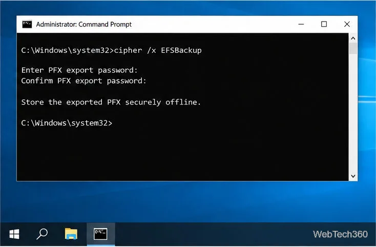 Administrator Command Prompt runs cipher /x EFSBackup and requests a password for the PFX export.