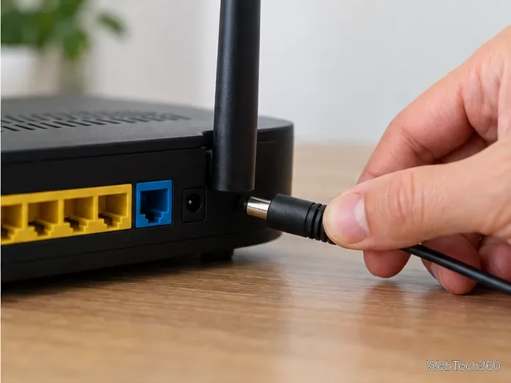 ネットワーク機器を再起動するために、ルーターの電源ケーブルを抜いている手。