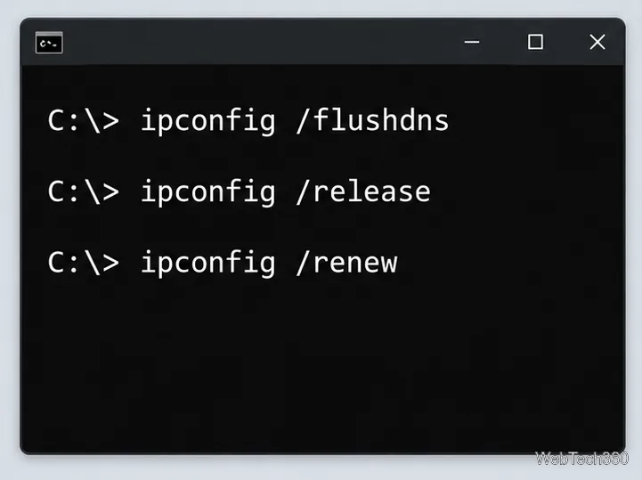 Windowsコマンドプロンプトにipconfig /flushdns、ipconfig /release、ipconfig /renewが表示されている。