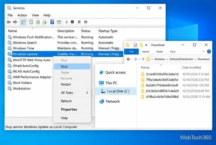 Консоль служб Windows 10 блокирует Центр обновления Windows рядом с папкой загрузки SoftwareDistribution.