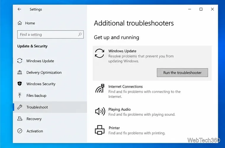 Страница дополнительных средств устранения неполадок Windows 10 с выбранным средством устранения неполадок Центра обновления Windows.