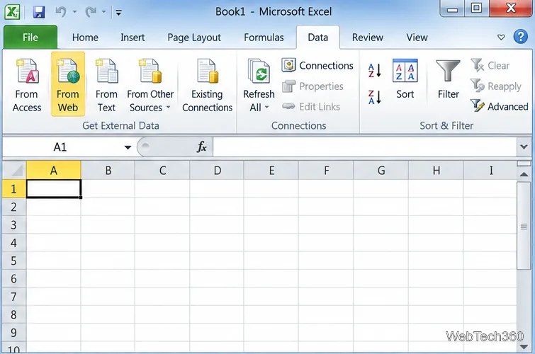 Excel 2010の「データ」タブが開いており、「外部データの取得」グループで「Webから」コマンドがハイライト表示されています。