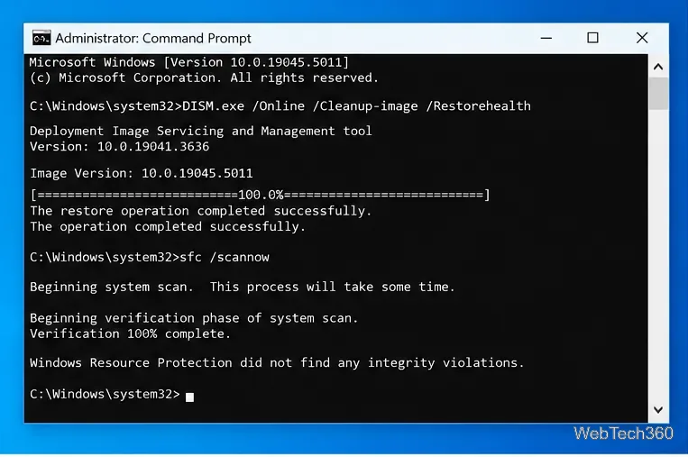 เปิด Command Prompt ในโหมดผู้ดูแลระบบบน Windows 10 แล้วรันคำสั่ง DISM RestoreHealth ตามด้วย sfc scannow
