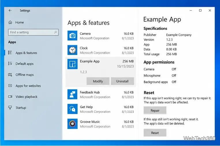 หน้าจอแอปและคุณสมบัติของ Windows 10 พร้อมปุ่มซ่อมแซมและรีเซ็ตสำหรับแอปตัวอย่าง
