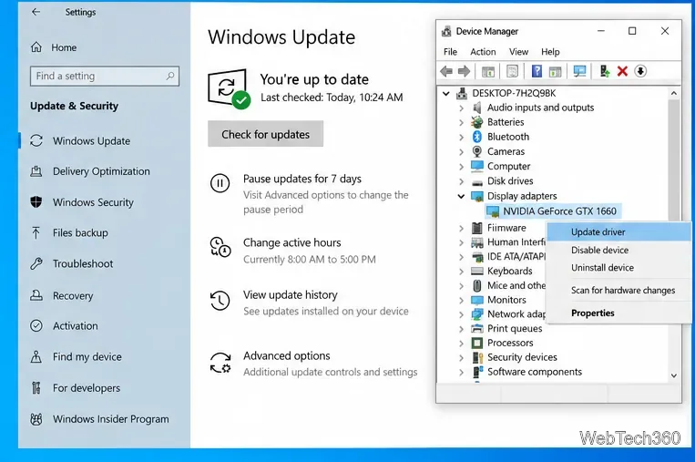 หน้าจอ Windows Update และ Device Manager ของ Windows 10 โดยเลือกอะแดปเตอร์แสดงผลสำหรับการอัปเดตไดรเวอร์