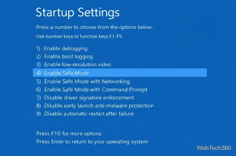 หน้าจอการตั้งค่าเริ่มต้นของ Windows 10 โดยมีไฮไลต์ "เปิดใช้งานโหมดปลอดภัย"