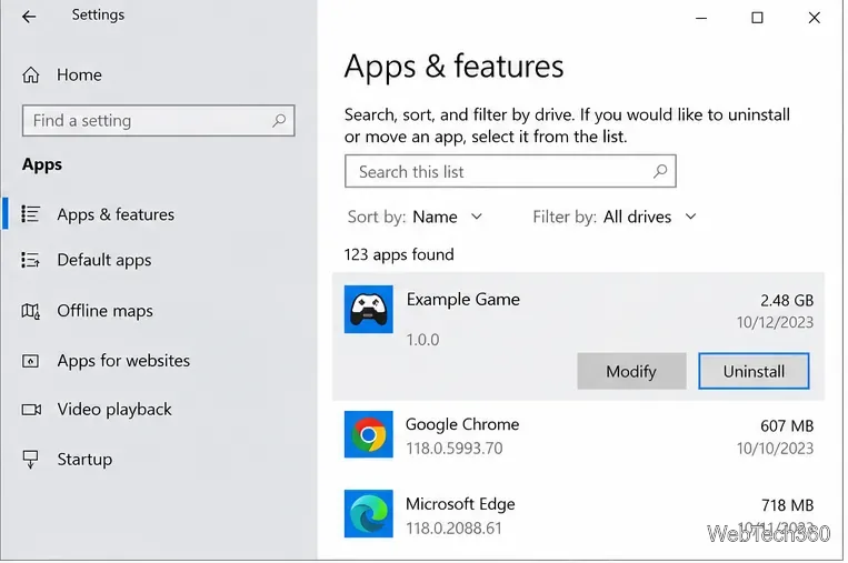 หน้าจอแอปและคุณสมบัติของ Windows 10 พร้อมตัวอย่างโปรแกรมที่เลือกไว้ และปุ่มถอนการติดตั้งที่มองเห็นได้