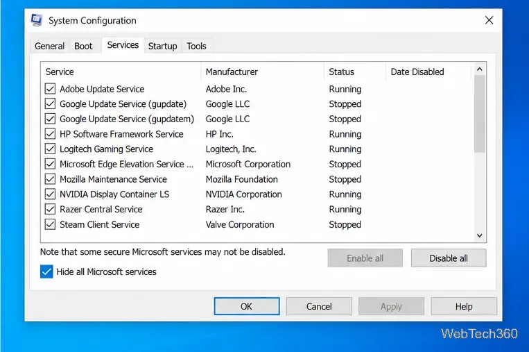 แท็บบริการการกำหนดค่าระบบของ Windows 10 ที่เปิดใช้งานการซ่อนบริการของ Microsoft ทั้งหมด