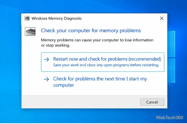 หน้าต่างการวินิจฉัยหน่วยความจำของ Windows เสนอให้รีสตาร์ทและตรวจสอบปัญหาเกี่ยวกับหน่วยความจำ