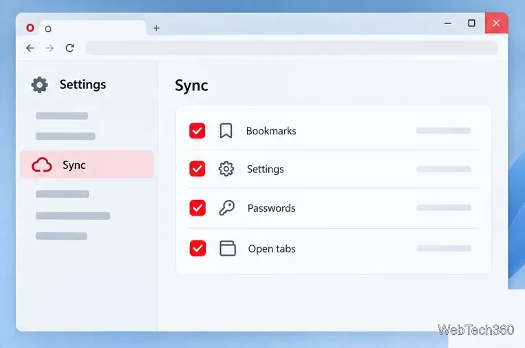 Opera Syncの設定画面(ブックマーク、設定、パスワード、開いているタブが選択された状態)