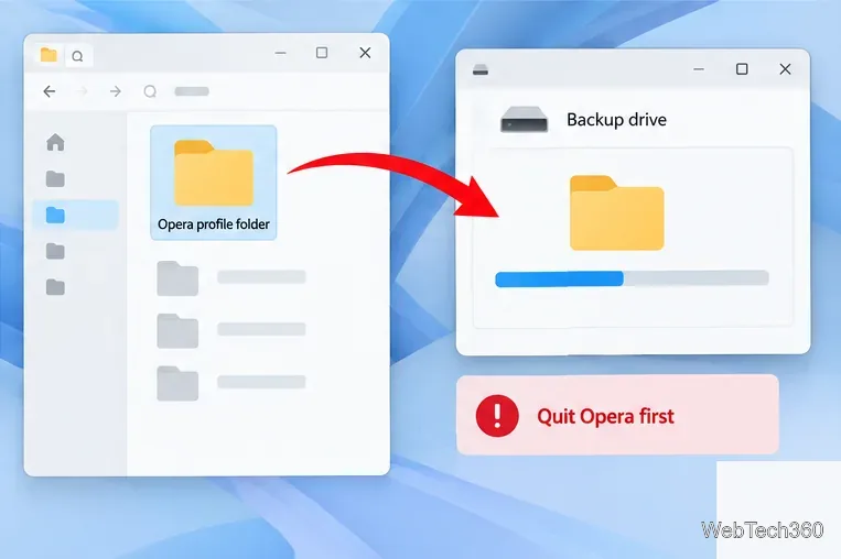 ファイルマネージャーの図解:Operaを終了した後、Operaプロファイルフォルダを別のバックアップドライブにコピーする