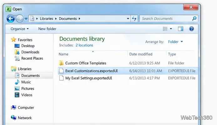 فتح مربع حوار ويندوز مع تحديد تخصيصات Excel.exportedUI