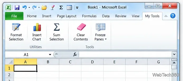 نافذة برنامج Excel 2010 مع علامة تبويب مخصصة باسم "أدواتي" في الشريط وأوامر شريط الأدوات للوصول السريع