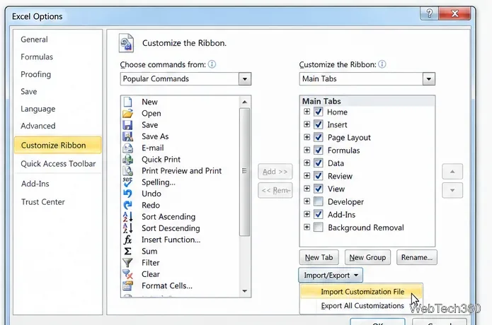 قائمة خيارات Excel للاستيراد والتصدير مع تحديد خيار استيراد ملف التخصيص