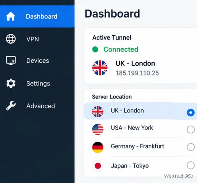ルーターのVPNダッシュボードには、アクティブなロンドントンネルと選択可能なサーバーロケーションが表示されます。