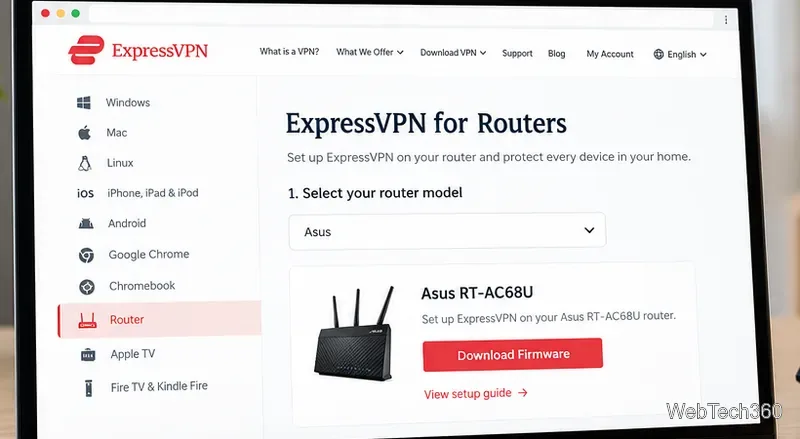 ExpressVPNルーターのファームウェアダウンロード画面で、サポートされているAsusルーターが選択されています。