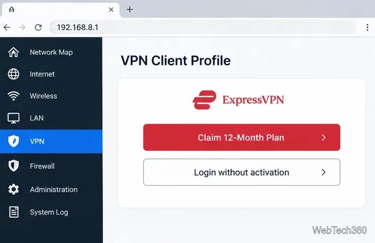 FortifyルーターのVPNクライアントプロファイルページ(192.168.8.1)には、ExpressVPNの有効化とログインオプションが表示されます。