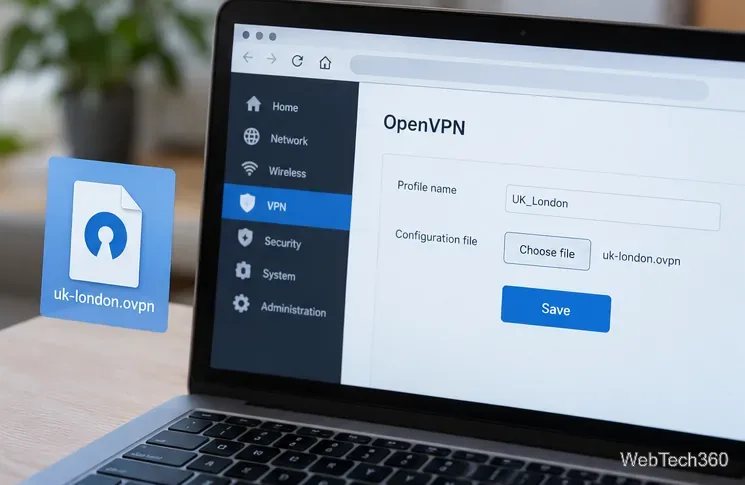 ロンドンのOVPN設定ファイルが選択されたルーターのOpenVPNプロファイル画面