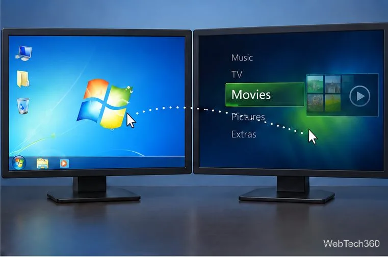 Vizualizare conceptuală cu două monitoruri, cu desktopul Windows pe ecranul unu, Media Center pe ecranul doi și o cale punctată a indicatorului care se intersectează între ele.