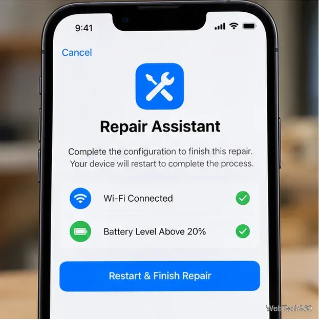 Repair Assistant screen showing Wi-Fi connected, battery above 20 percent, and Restart and Finish Repair