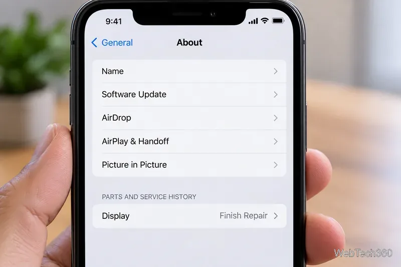 iPhone Settings About screen with Parts and Service History showing Display Finish Repair
