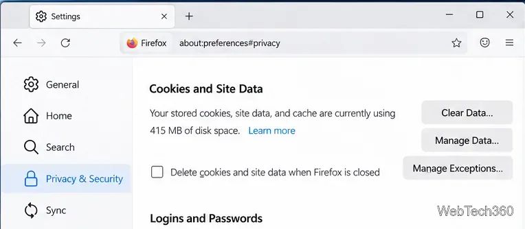 Firefox Privacy and Security settings showing Cookies and Site Data controls