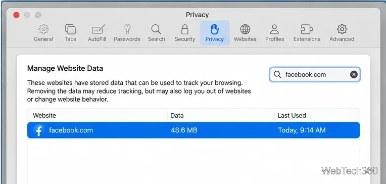 Safari Manage Website Data window filtered to facebook.com