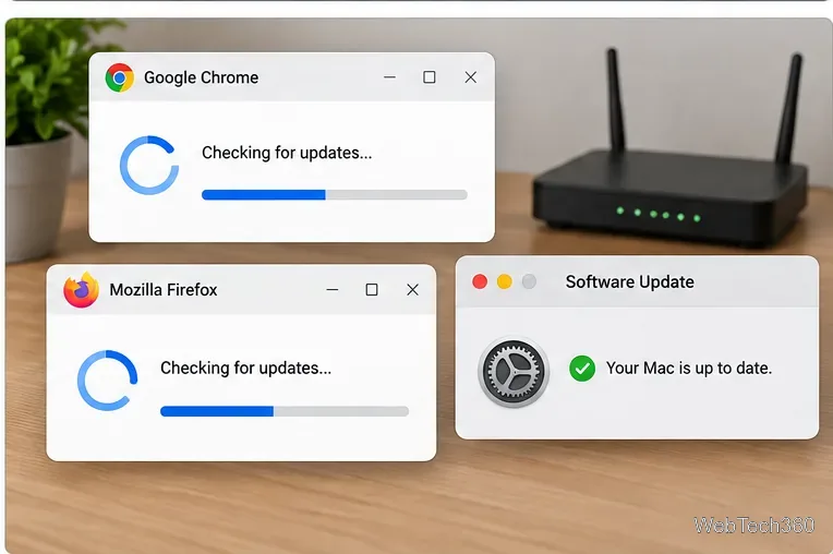 Chrome and Firefox checking for updates next to a Wi-Fi router and macOS Software Update