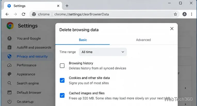 Chrome Delete browsing data dialog with cookies and cached files selected