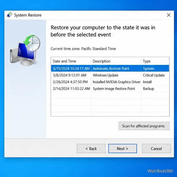 Illustrative System Restore window with a restore point selected and Scan for affected programs visible