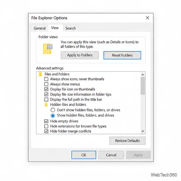 Illustrative File Explorer Options View tab showing Reset Folders and Restore Defaults