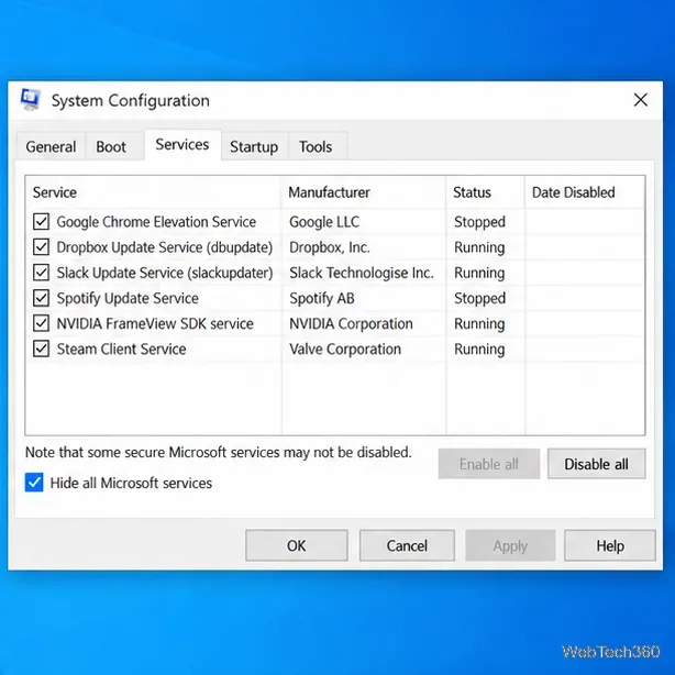 Illustrative System Configuration Services tab with Hide all Microsoft services checked and Disable all visible