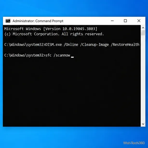 Illustrative elevated Command Prompt showing the DISM RestoreHealth command followed by sfc slash scannow