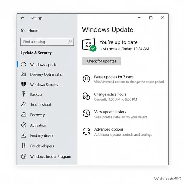 Illustrative Windows 10 Update and Security page with the Check for updates button