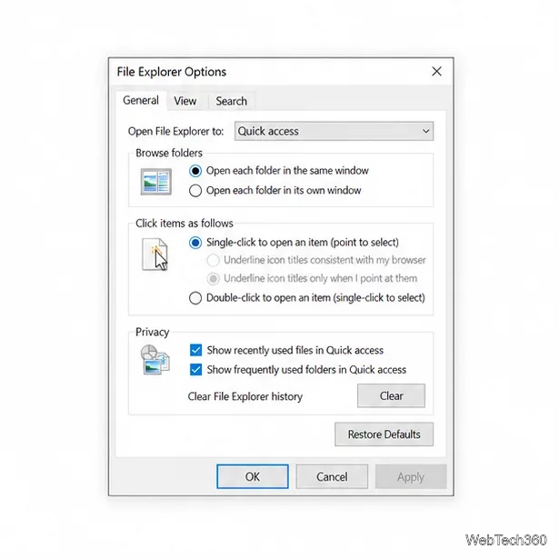 Illustrative File Explorer Options General tab with the Clear File Explorer history button visible