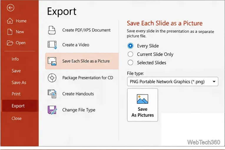 Painel de exportação do PowerPoint com a opção "Todos os slides" selecionada.
