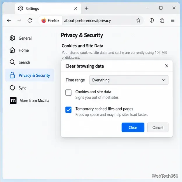 Firefoxのプライバシーとセキュリティ設定で、閲覧データをクリアするダイアログを開き、一時的なキャッシュファイルとページのみを選択する。