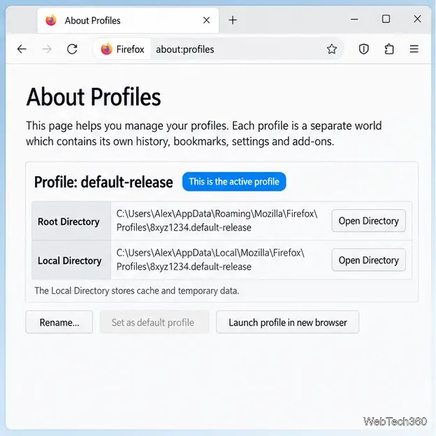 Firefoxのabout:profilesでアクティブなプロファイルと、ルートディレクトリとローカルディレクトリの行が別々に表示される。