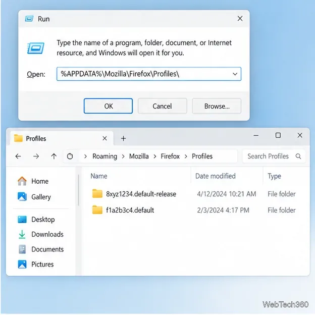 Windowsの「ファイル名を指定して実行」ダイアログで、AppData Roamingの下にあるFirefox Profilesフォルダーを開く