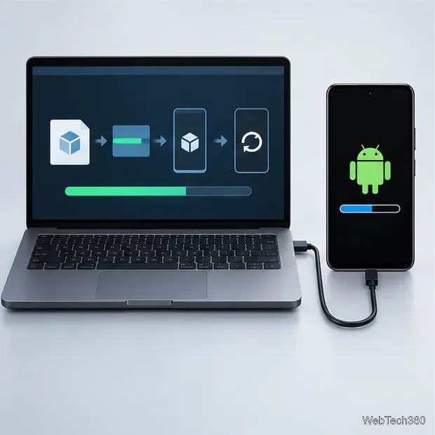 Компьютер, подключенный к телефону Android в виде образа программного обеспечения, проходит последовательность установки и перезагрузки.