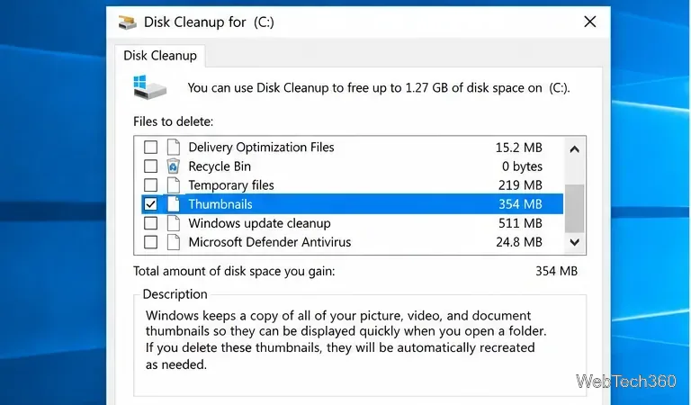 В программе очистки диска Windows 10 выбран для удаления элемент «Эскизы».