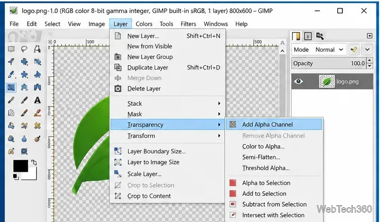 В меню «Прозрачность слоя» GIMP выделен пункт «Добавить альфа-канал».